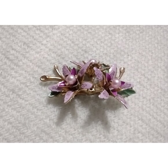 Vintage 1950s Lilly Rose Brooch Pin Earring Set - Purple Enamel Flowers & Pearls - Picture 8 of 12